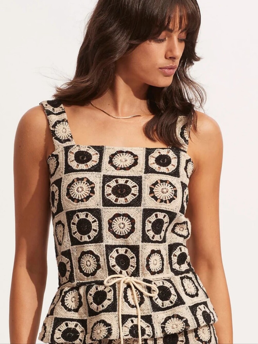NWOT Seafolly Crochet Square Tank Top. Black & Light Tan. Boho. Size 12 US.